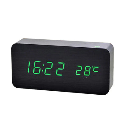 Digital Wooden Alarm Clock with LED Display and Temperature Black green LED NaLani