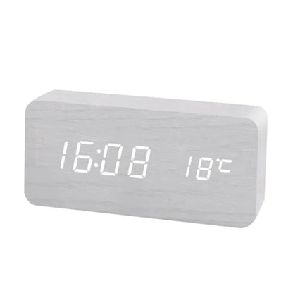 Digital Wooden Alarm Clock with LED Display and Temperature White NaLani