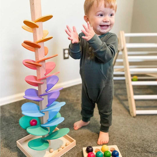 Eco Friendly Wooden Interactive Rainbow Marble Run Toy Discovery Set 29 cm (Flower Sound Tree + 10 Free Baubles) NALANI