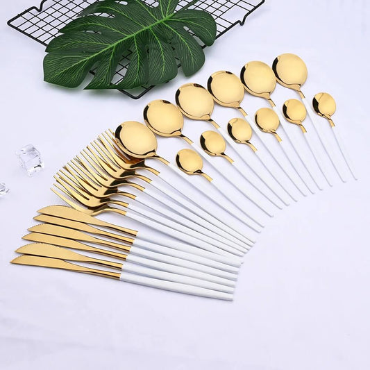 Everyday Gold Flatware Set With Matte White Handles NALANI