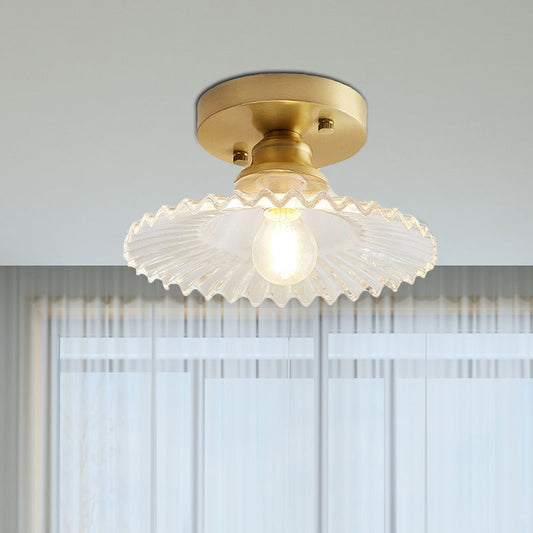 Flared Semi Flush Mount Light with Ribbed Clear Green Glass NaLani