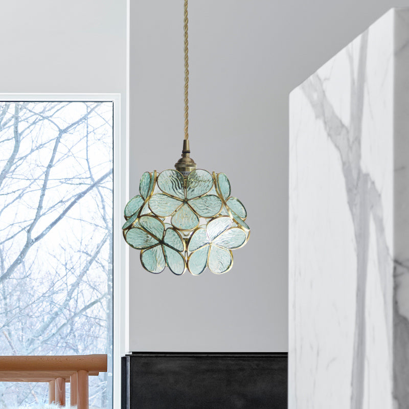 Flower Stained Glass Pendant Ceiling Light 1 Light Fixture Sky Blue NALANI