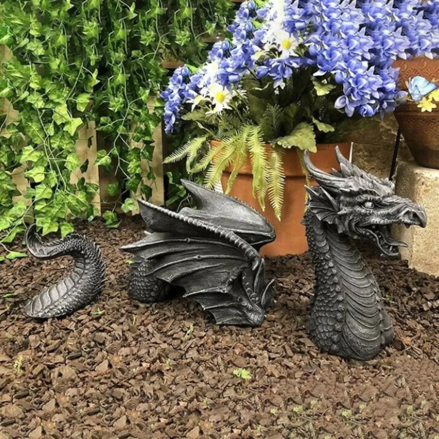 Giant Wooden Dragon Sculpture for Gothic Garden Decor Dark Grey SEREIN
