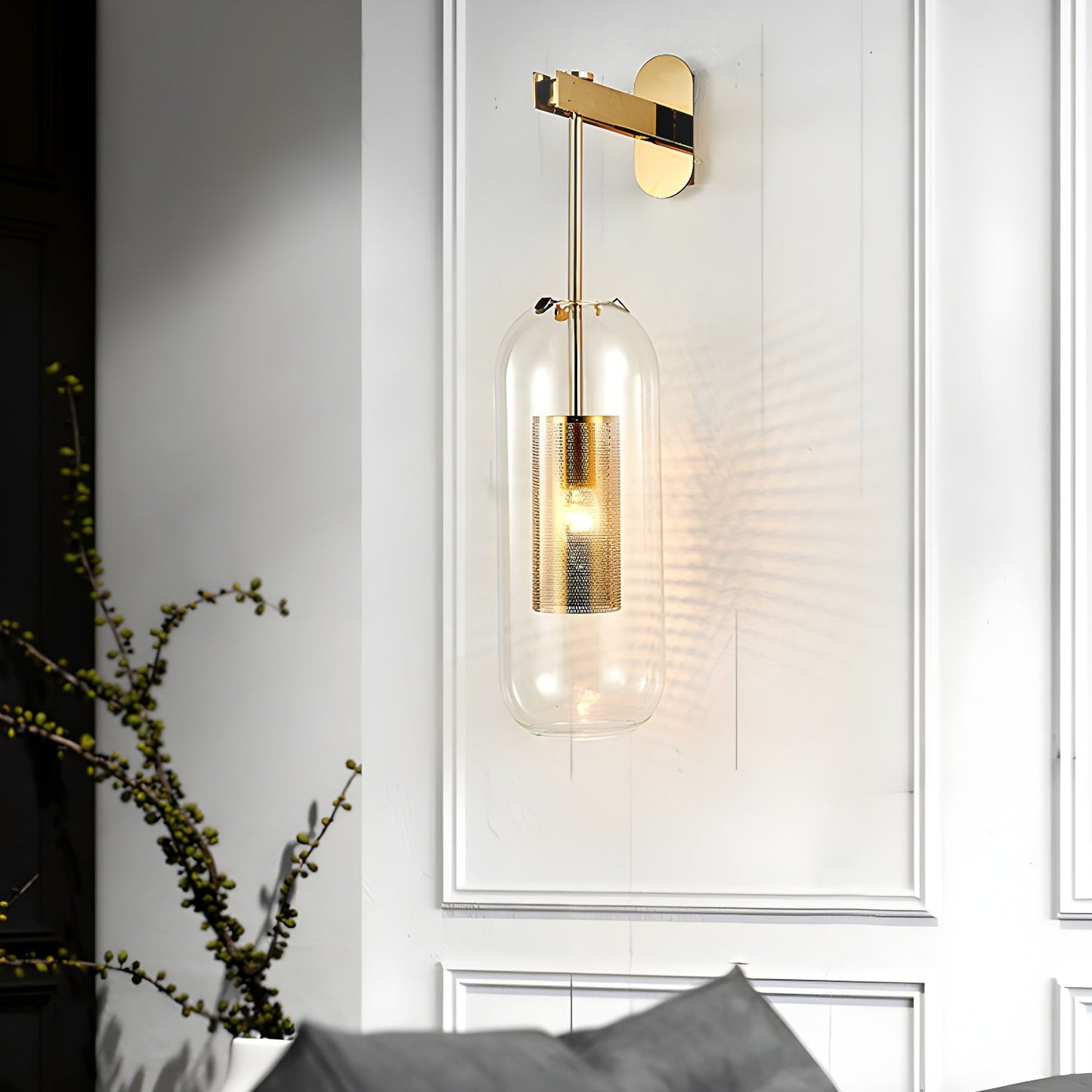 Glass Wall Lamp With Perforated Cage And Sleek Steel Rod NALANI