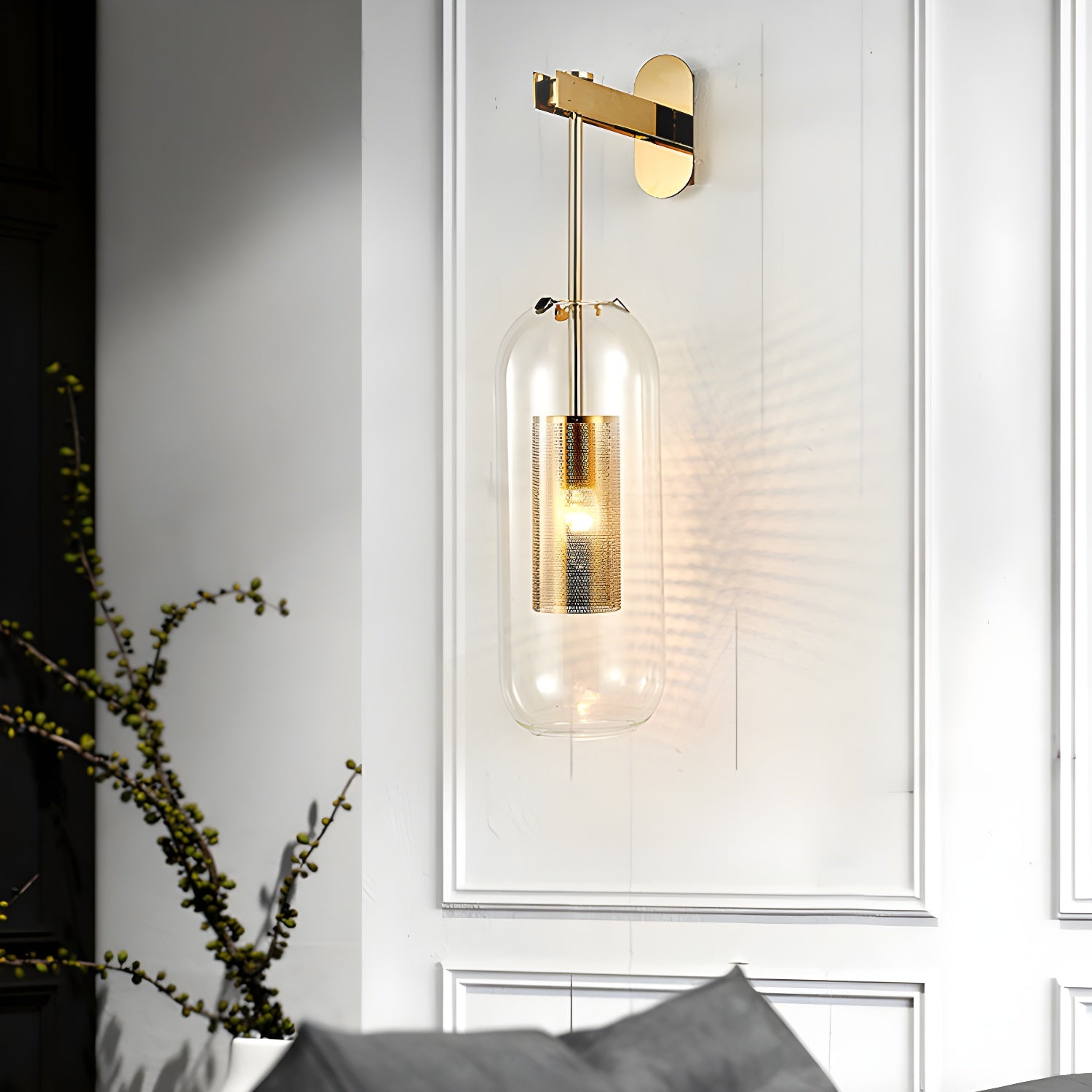 Glass Wall Lamp With Perforated Cage And Sleek Steel Rod NALANI