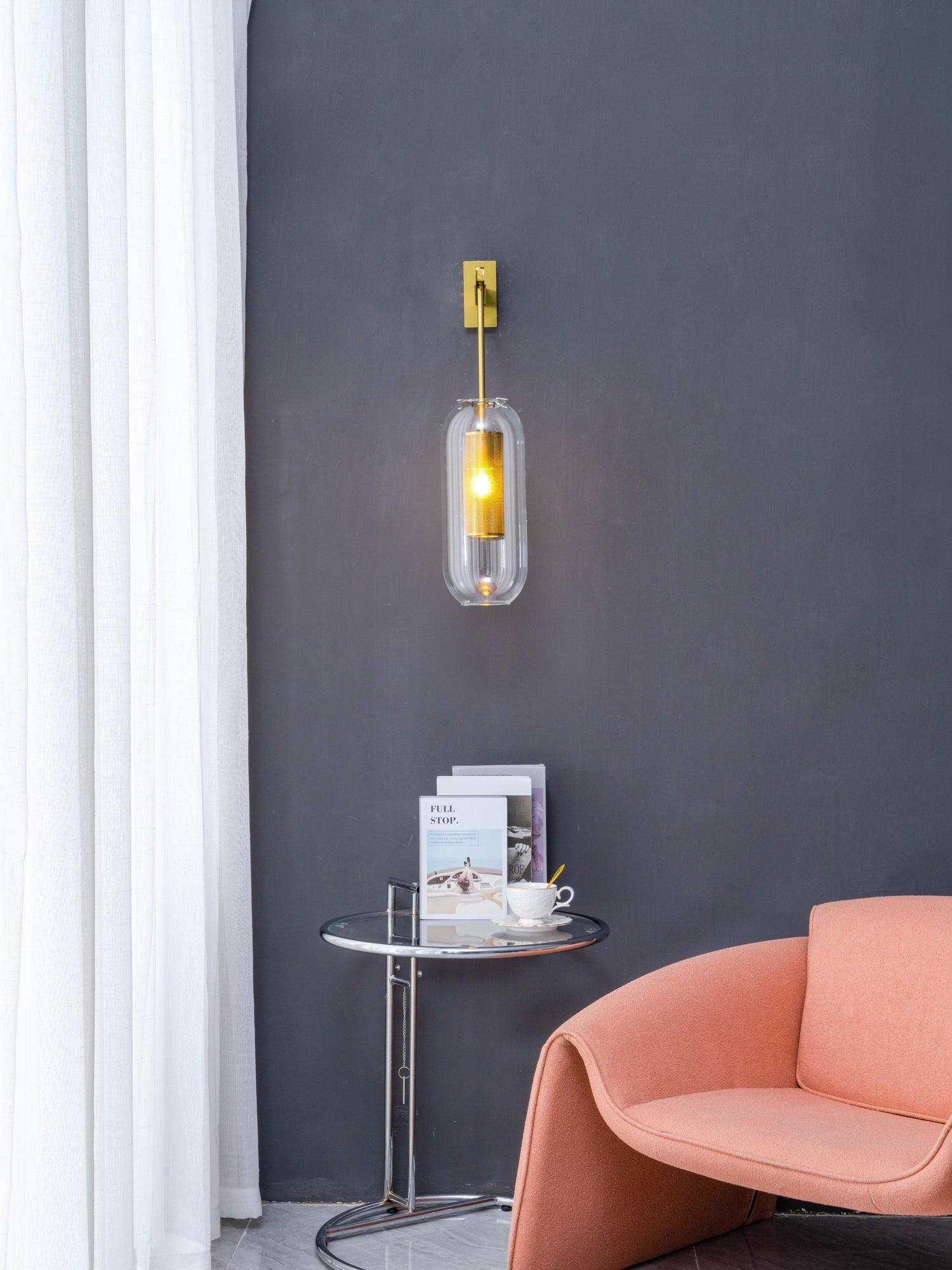 Glass Wall Lamp With Perforated Cage And Sleek Steel Rod NALANI