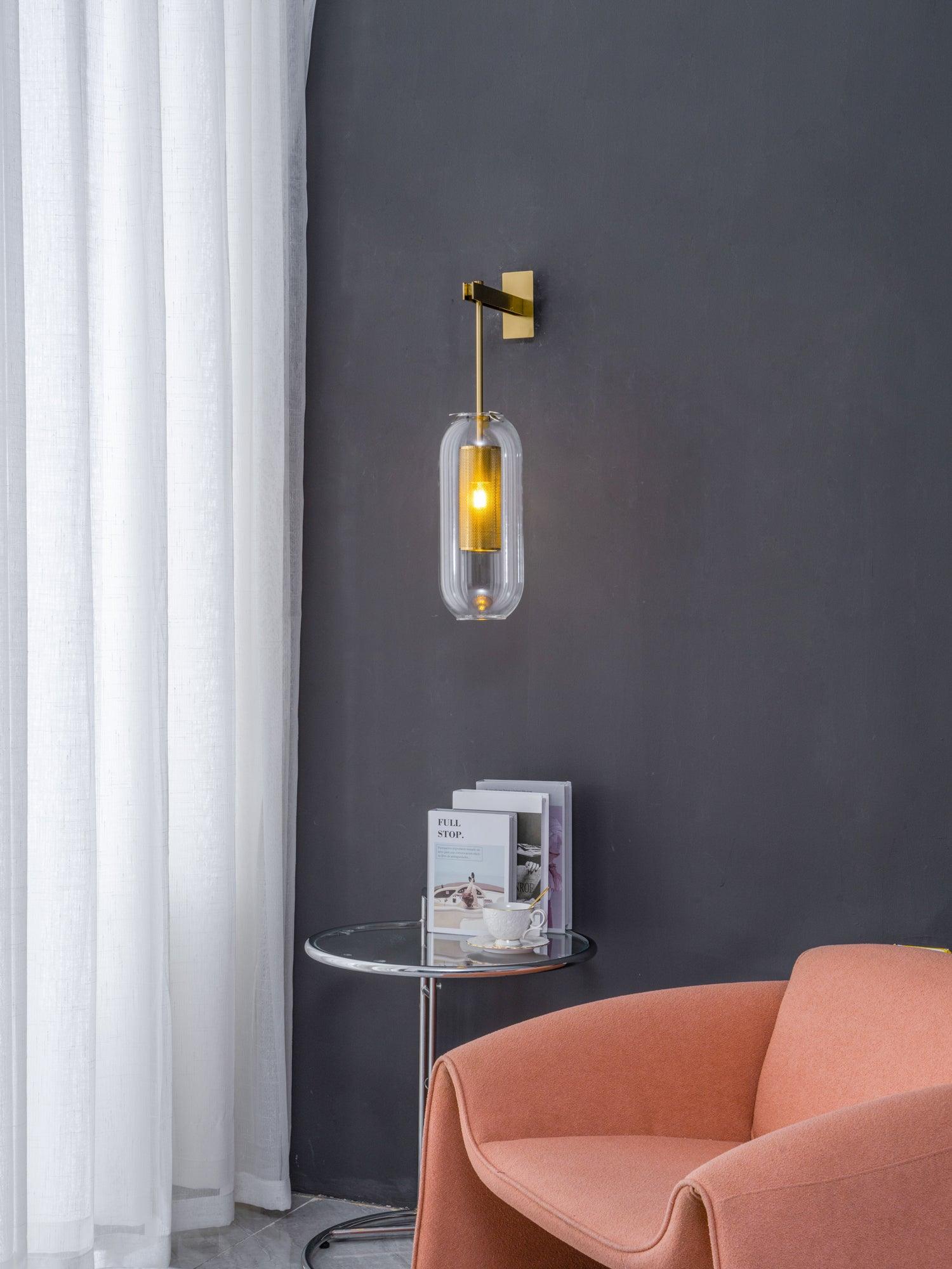 Glass Wall Lamp With Perforated Cage And Sleek Steel Rod NALANI