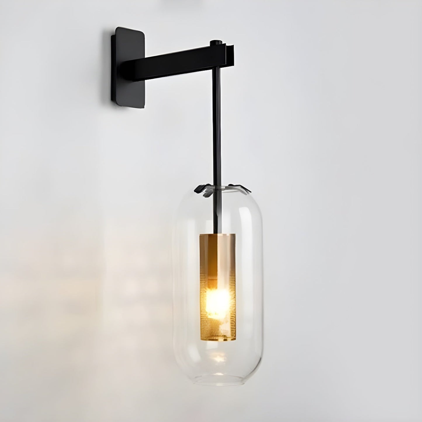 Glass Wall Lamp With Perforated Cage And Sleek Steel Rod ∅ 9.8″ x H 23.6″ Dia 25cm x H 60cm Black & Clear glass NALANI
