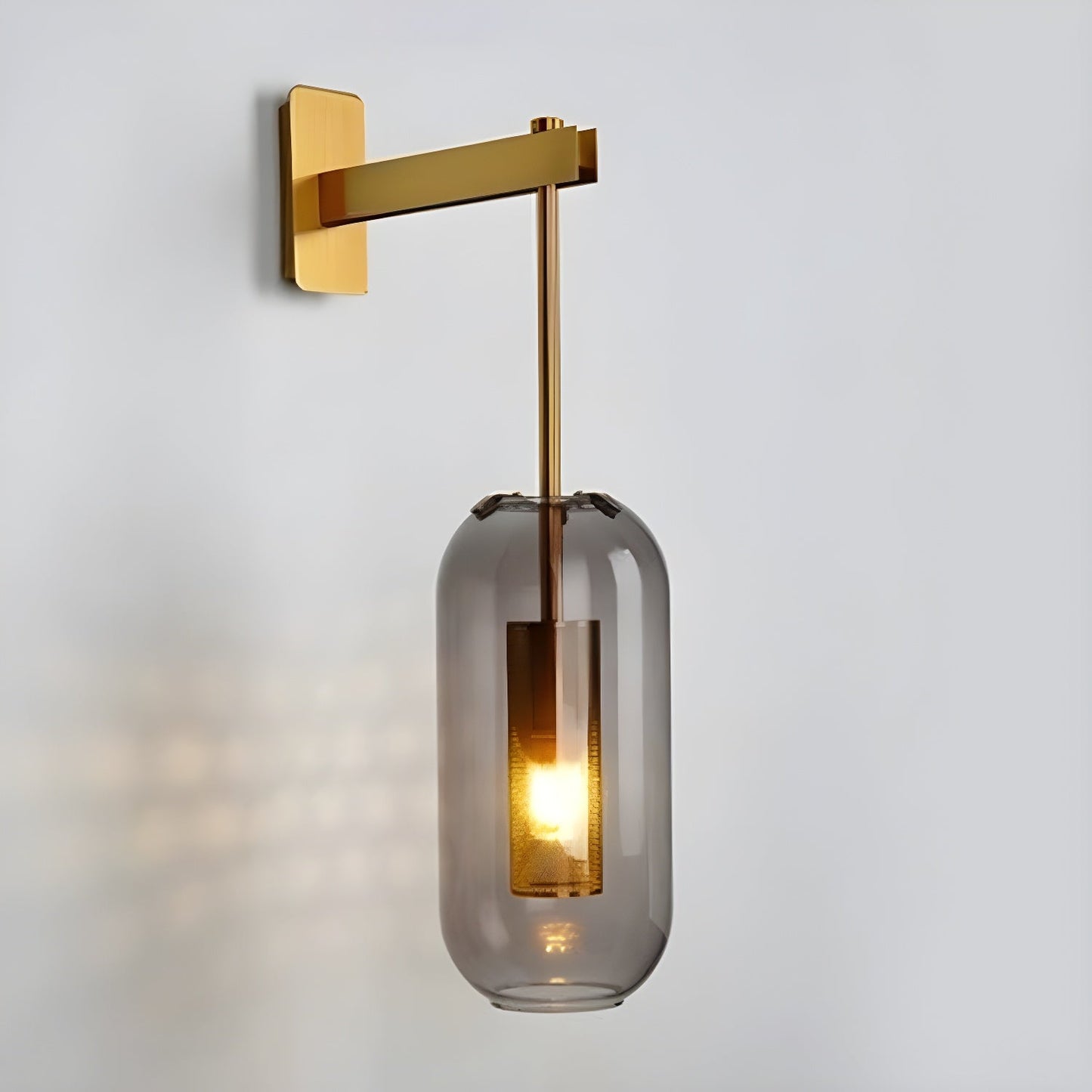 Glass Wall Lamp With Perforated Cage And Sleek Steel Rod ∅ 9.8″ x H 23.6″ Dia 25cm x H 60cm Gold & Smoke glass NALANI