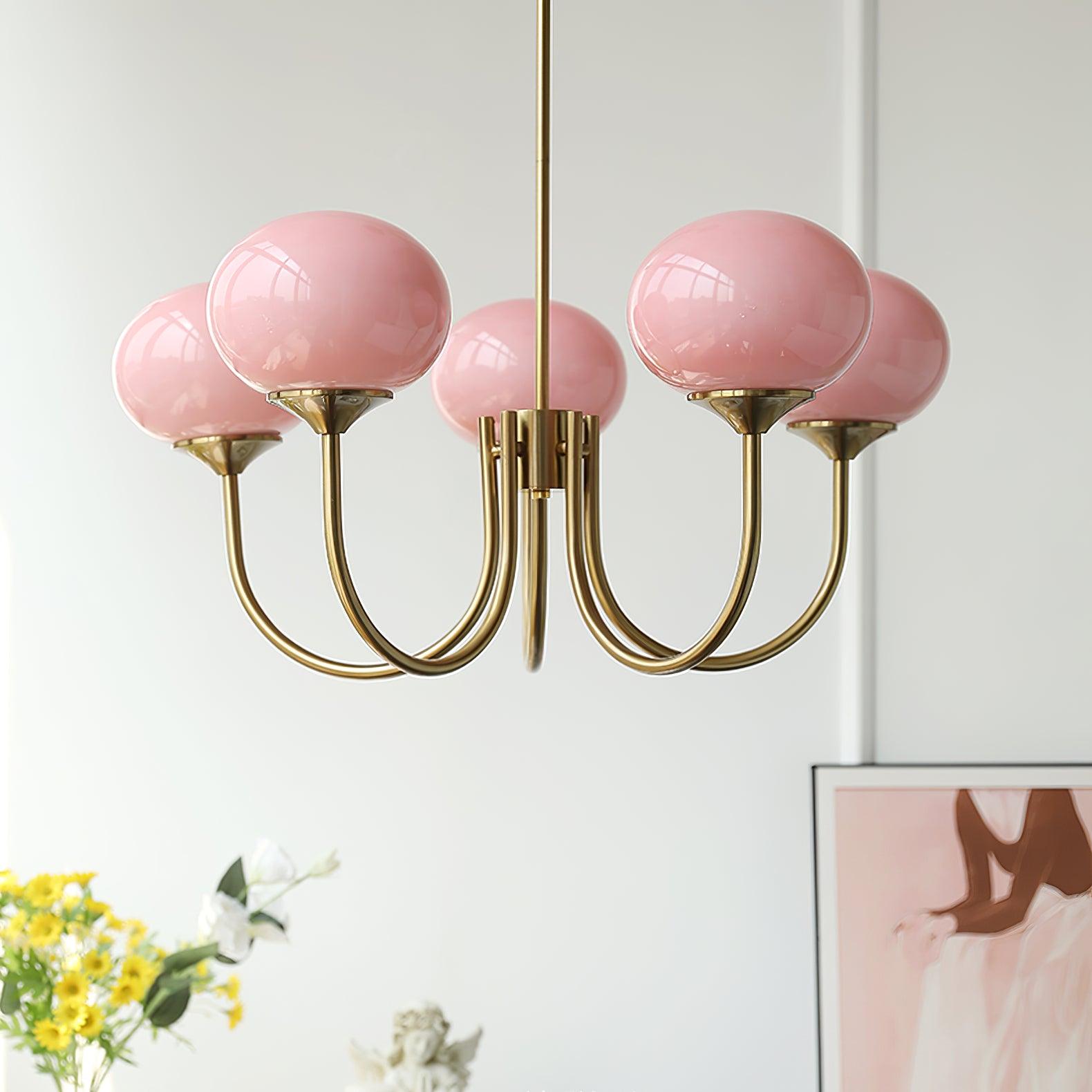 Gold Finish Marshmallow Chandelier With Pink Glass Shades NALANI
