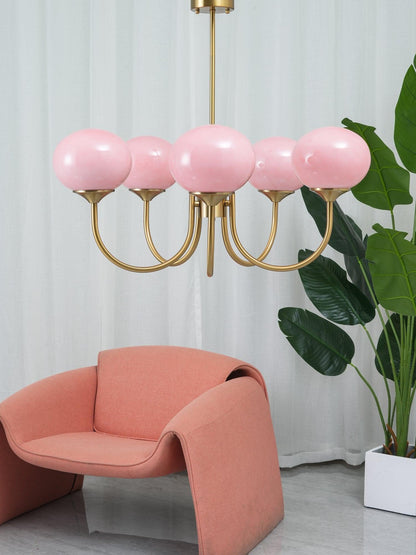 Gold Finish Marshmallow Chandelier With Pink Glass Shades NALANI