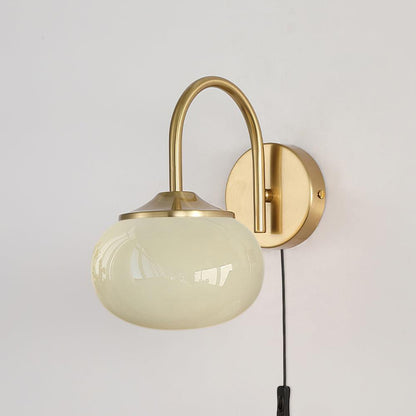 Gold Finish Plug In Sconce With Pink Glass Shade Decor ∅ 5.5″ x H 8.3″ Dia 14cm x H 21cm Copper & Beige NALANI