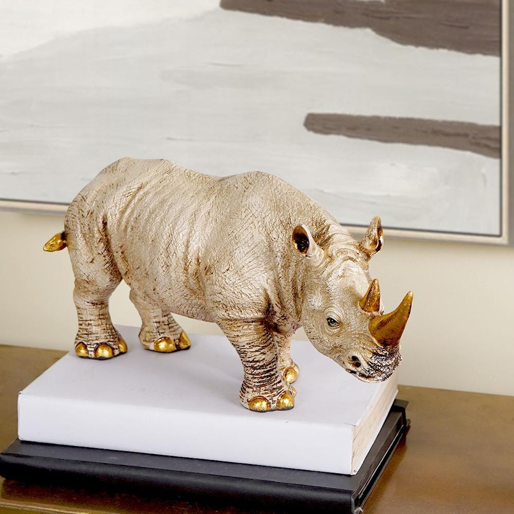 Golden Horned Rhino Table Accent Handcrafted Home Decor Grey NaLani
