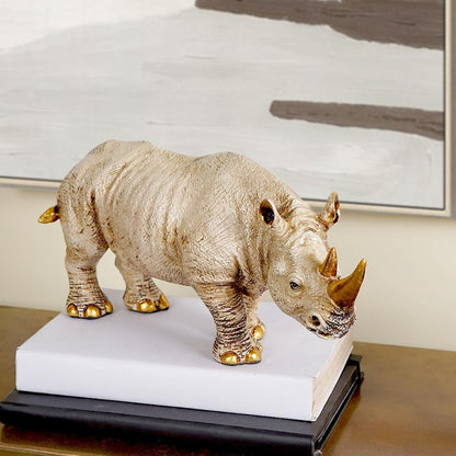 Golden Horned Rhino Table Accent Handcrafted Home Decor Grey NaLani