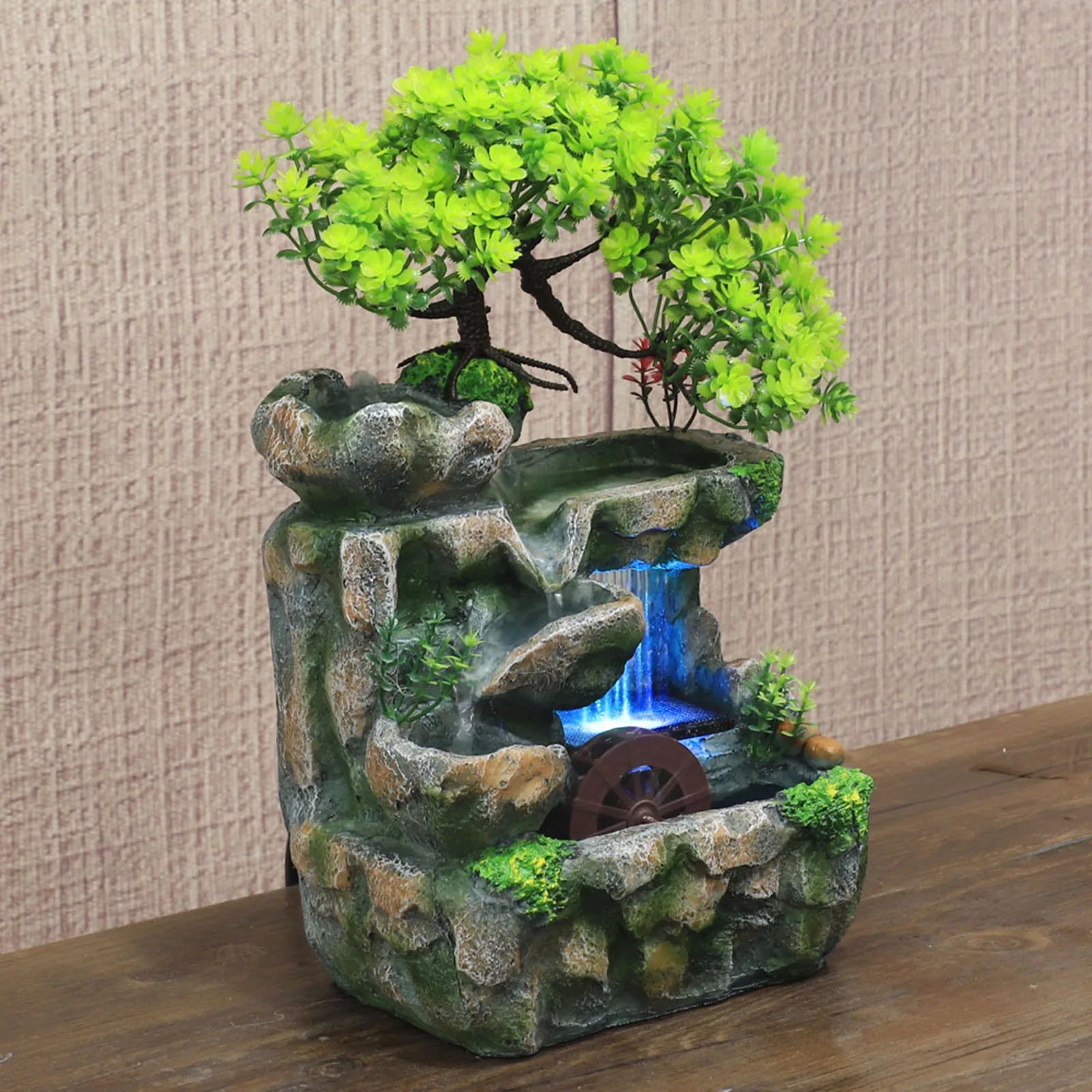 Illuminated Waterfall Fountain with Rock Garden and Tree Ornament NALANI
