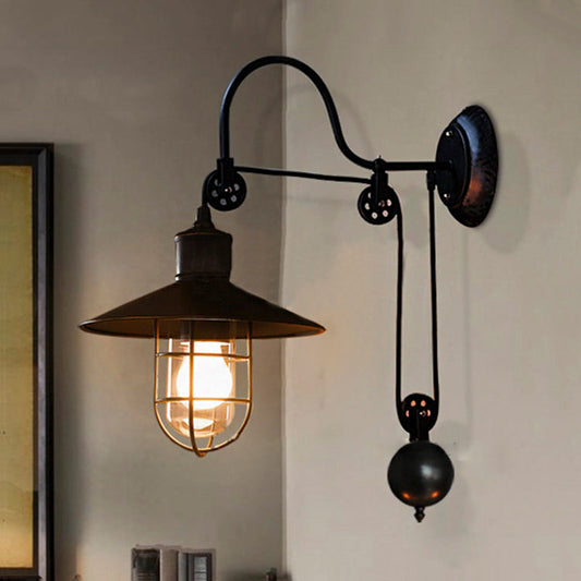 Industrial Black Wall Sconce Glass Cage With Pulley NALANI