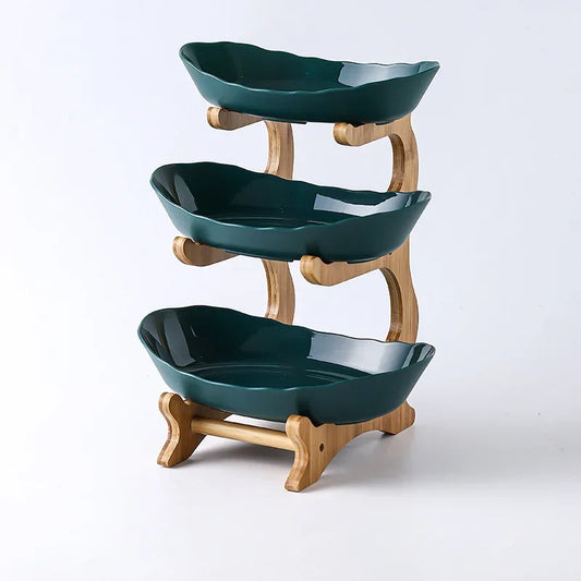 Layered Wooden Fruit Bowl Oval Kitchen Serving Plate Green 3 layers NALANI