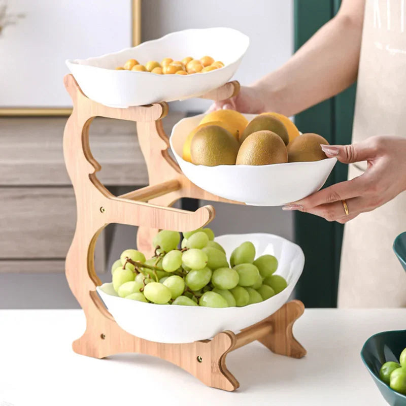 Layered Wooden Fruit Bowl Oval Kitchen Serving Plate White 3 layers NALANI