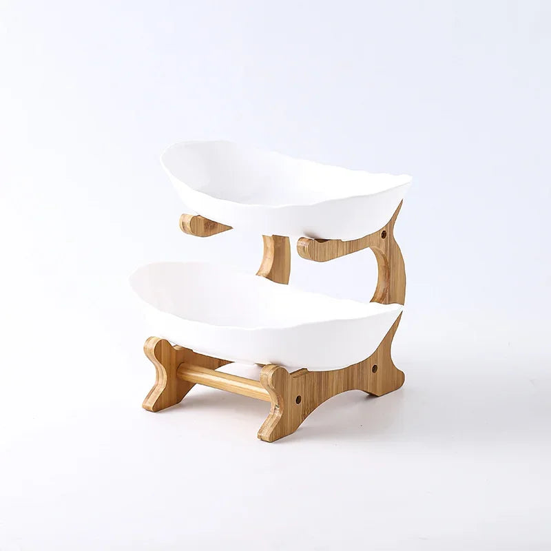 Layered Wooden Fruit Bowl Oval Kitchen Serving Plate White 2 layers NALANI