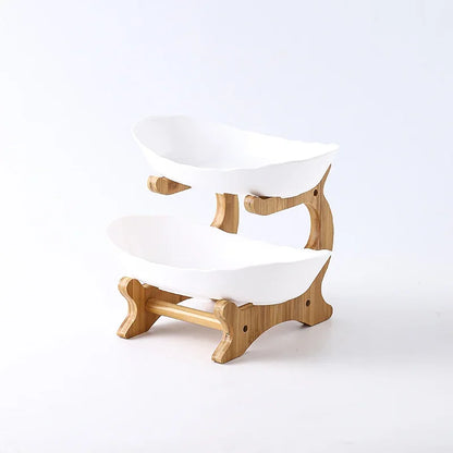 Layered Wooden Fruit Bowl Oval Kitchen Serving Plate White 2 layers NALANI