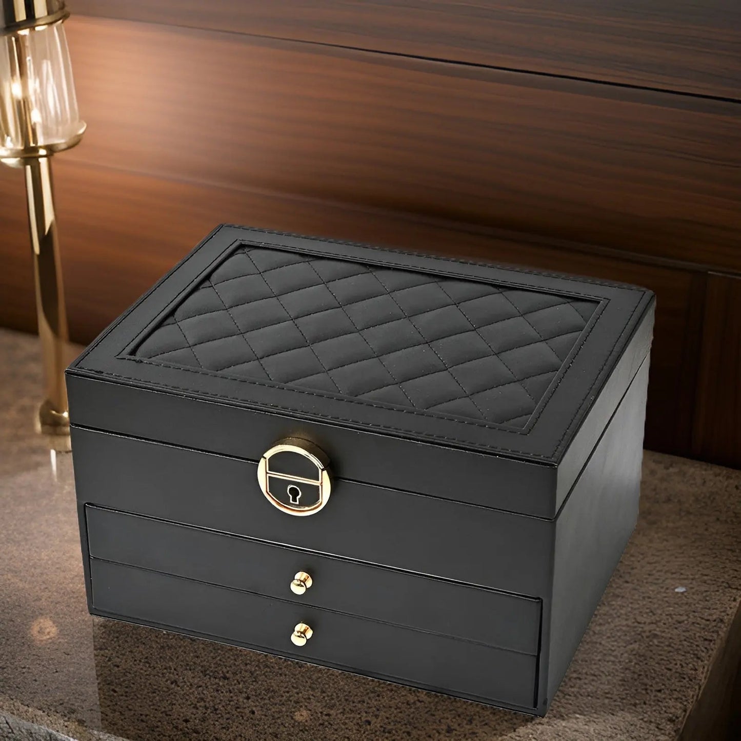 Luxurious Multi Layered Jewelry Box Organizer In PU Leather Black NALANI