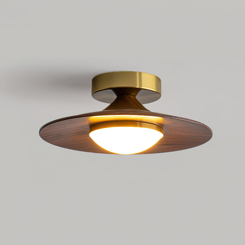 Modern Ceiling Lamp With Wood Textured Accent Metal Frame ∅ 9.4″ x H 4.1″ Walnut color & Gold NALANI