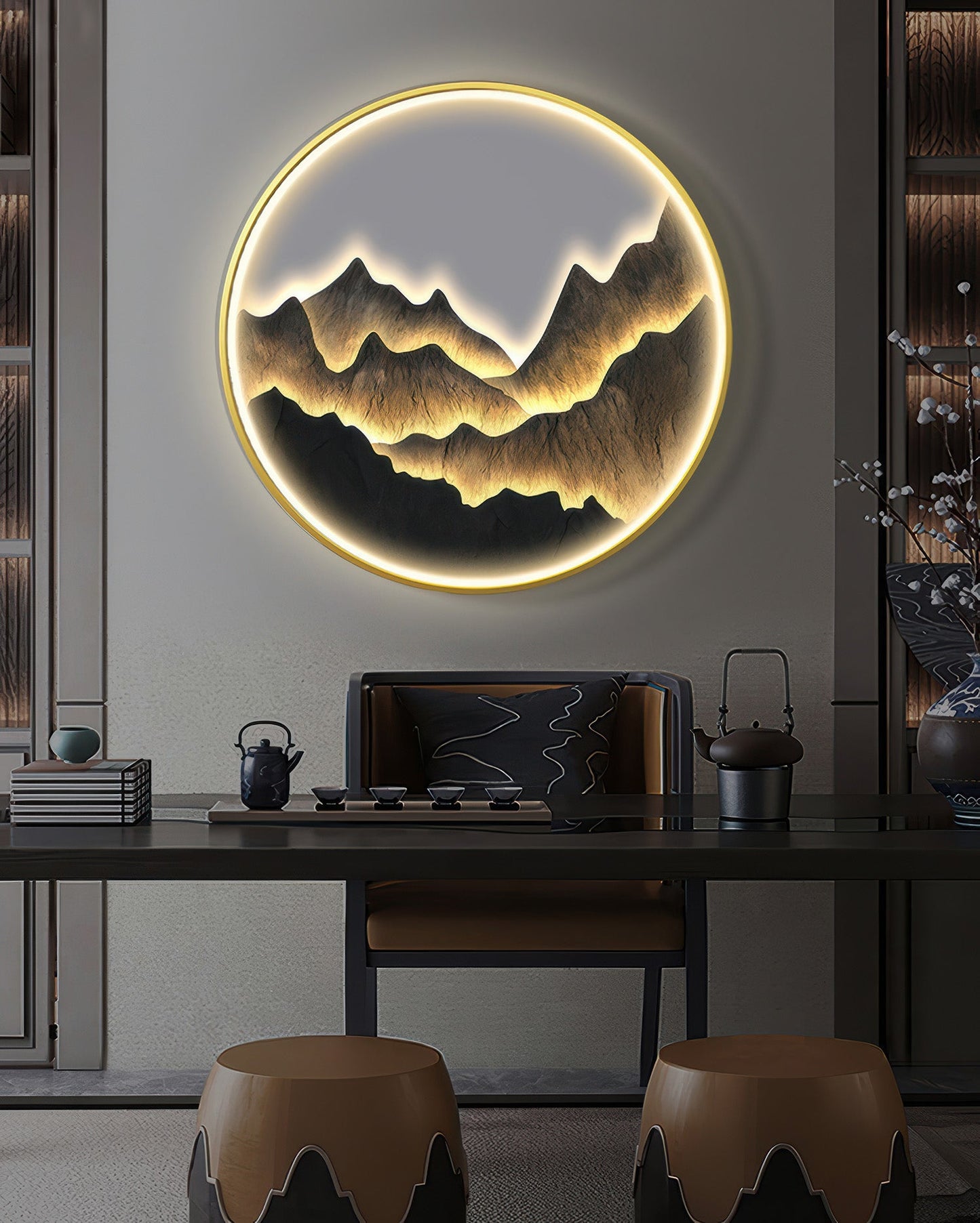 Modern Luxe Mountain Refuge Silhouette Circle Wall Decor NALANI