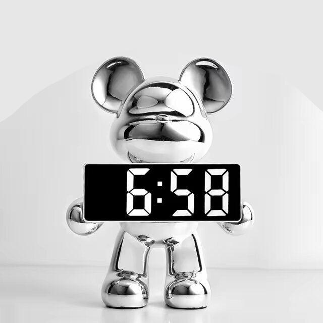 Modern Teddy Bear Shape Digital Clock for Home Decor Chrome Silver NaLani