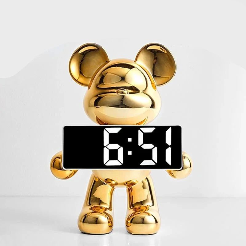 Modern Teddy Bear Shape Digital Clock for Home Decor Chrome Gold NaLani