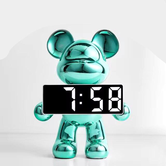 Modern Teddy Bear Shape Digital Clock for Home Decor Chrome Green NaLani