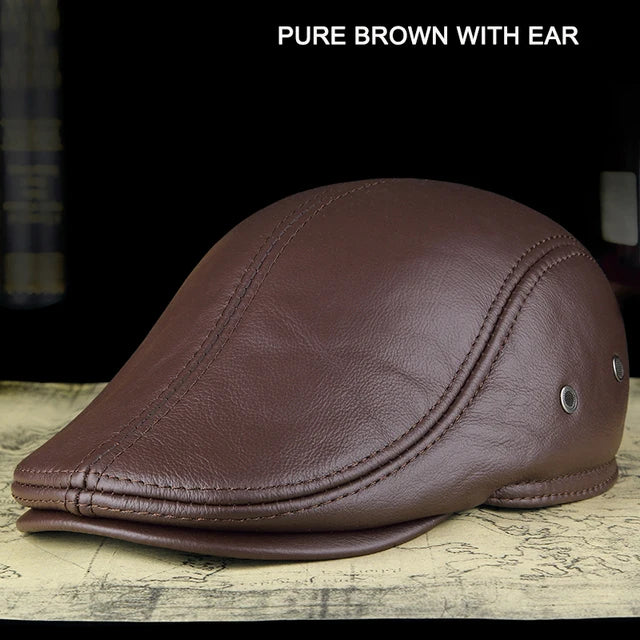 Outdoor Classic Leather Winter Hat For Men Beret Style Dark brown NALANI