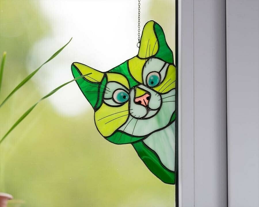 Peeking Cat Window Hanging Decor For Cozy Home Accent Green NALANI