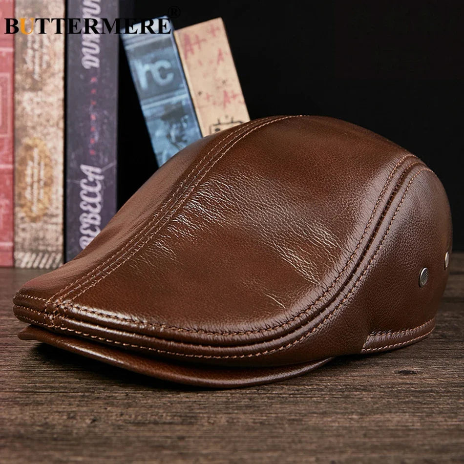 Premium Leather Vintage Beret Cap Duckbill With Ear Flaps NALANI