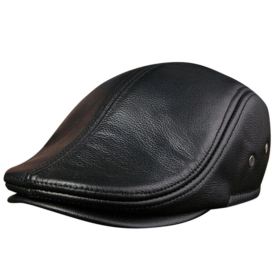 Premium Leather Vintage Beret Cap Duckbill With Ear Flaps Black NALANI