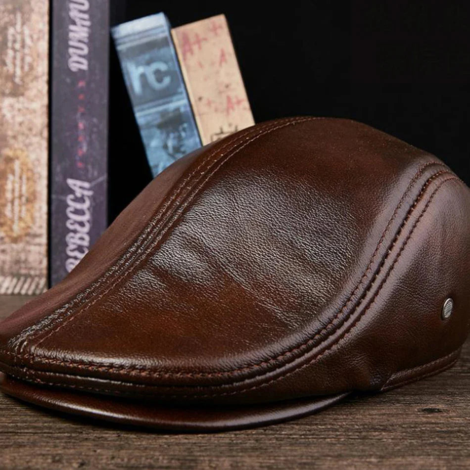Premium Leather Vintage Beret Cap Duckbill With Ear Flaps Dark brown NALANI