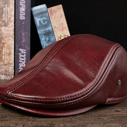 Premium Leather Vintage Beret Cap Duckbill With Ear Flaps Dark red NALANI