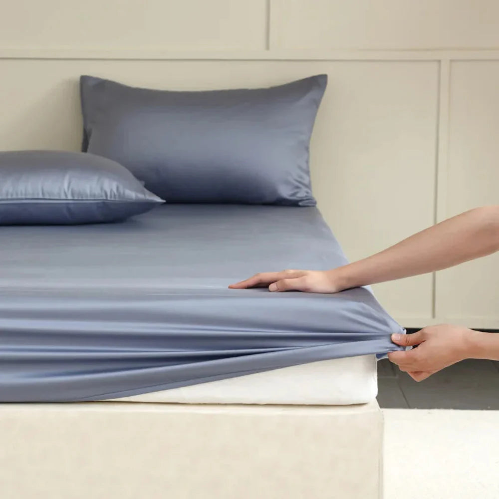 Premium Mulberry Silk Fitted Sheet Hypoallergenic Comfort Lauren Blue NALANI