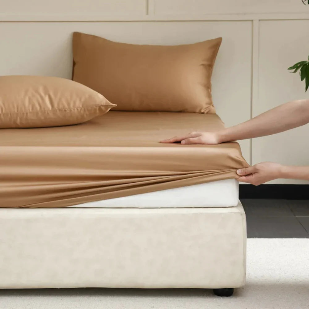 Premium Mulberry Silk Fitted Sheet Hypoallergenic Comfort Soft Latte Brown NALANI