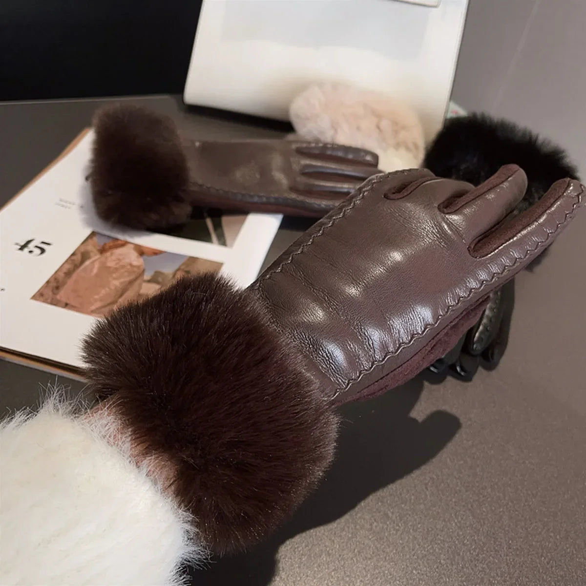 Premium PU Faux Leather Gloves For Women Winter Warmth NALANI