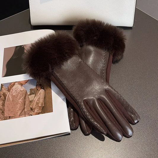 Premium PU Faux Leather Gloves For Women Winter Warmth Brown NALANI