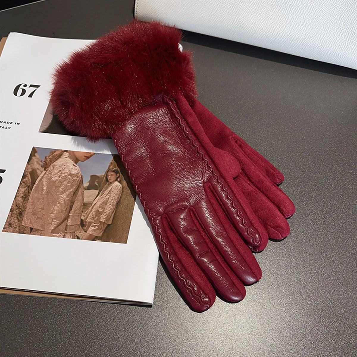 Premium PU Faux Leather Gloves For Women Winter Warmth Red NALANI