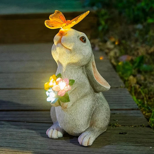 Rabbit Garden Statue with LED Butterfly Light Weatherproof Decor SEREIN