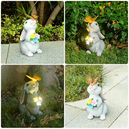 Rabbit Garden Statue with LED Butterfly Light Weatherproof Decor SEREIN