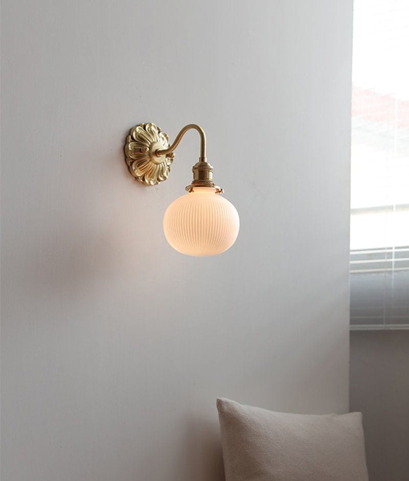 Ribbed Ceramic Ball Wall Light With Brushed Brass Flower NALANI