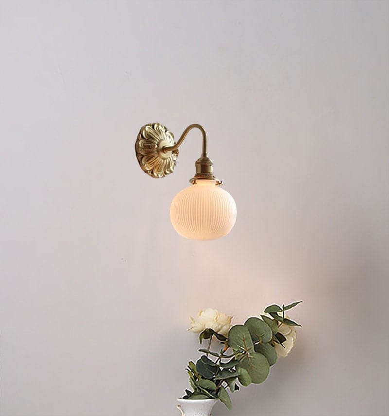 Ribbed Ceramic Ball Wall Light With Brushed Brass Flower NALANI