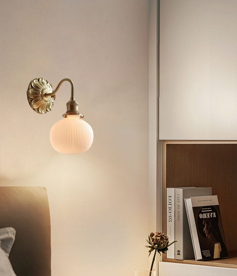 Ribbed Ceramic Ball Wall Light With Brushed Brass Flower NALANI