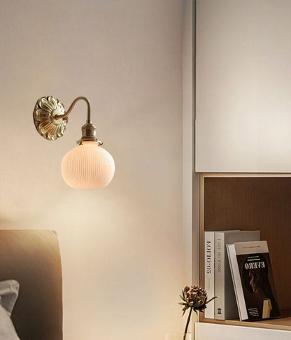 Ribbed Ceramic Ball Wall Light With Brushed Brass Flower NALANI