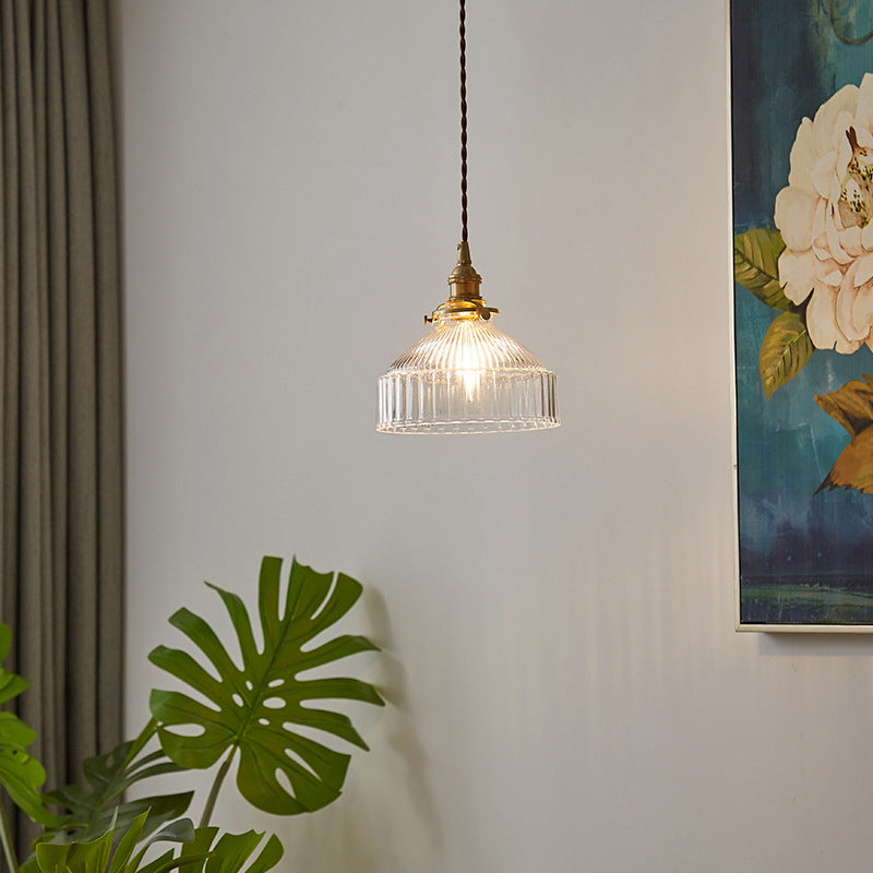 Rustic Barn Pendant Light Clear Ribbed Glass Ceiling Brass NALANI