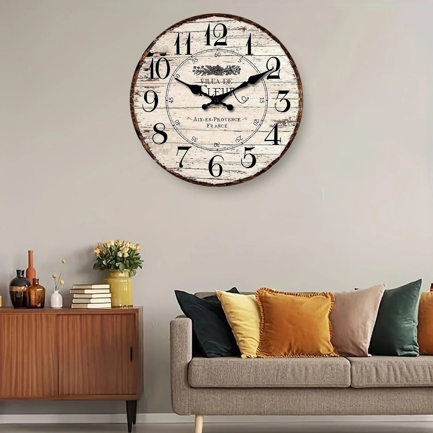 Rustic Wooden Wall Clock Silent Non Ticking White Finish NALANI