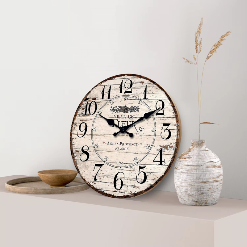 Rustic Wooden Wall Clock Silent Non Ticking White Finish NALANI